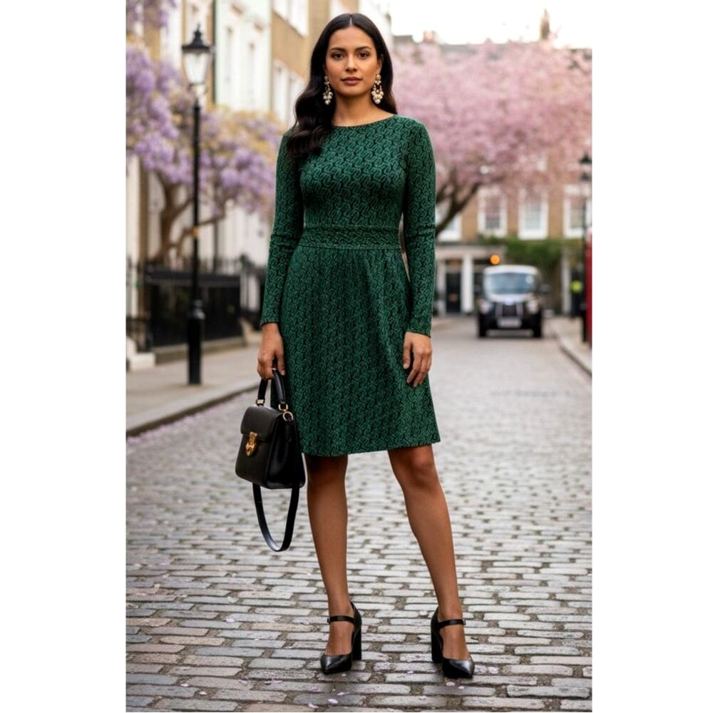 Boden Abigail Long Sleeve Green Geo Jersey Dress | NWT | Women's US 8 UK 12